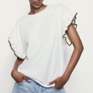 Zara Oversized Ruffled Sleeved White T-Shirt